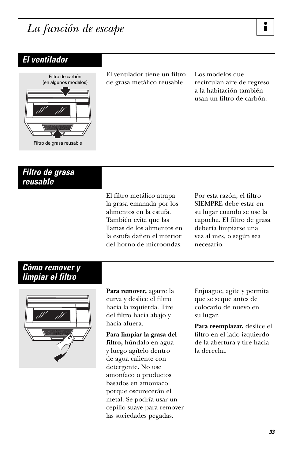 La función de escape, El ventilador, Filtro de grasa reusable | Cómo remover y limpiar el filtro | Hotpoint RVM1435 User Manual | Page 73 / 80