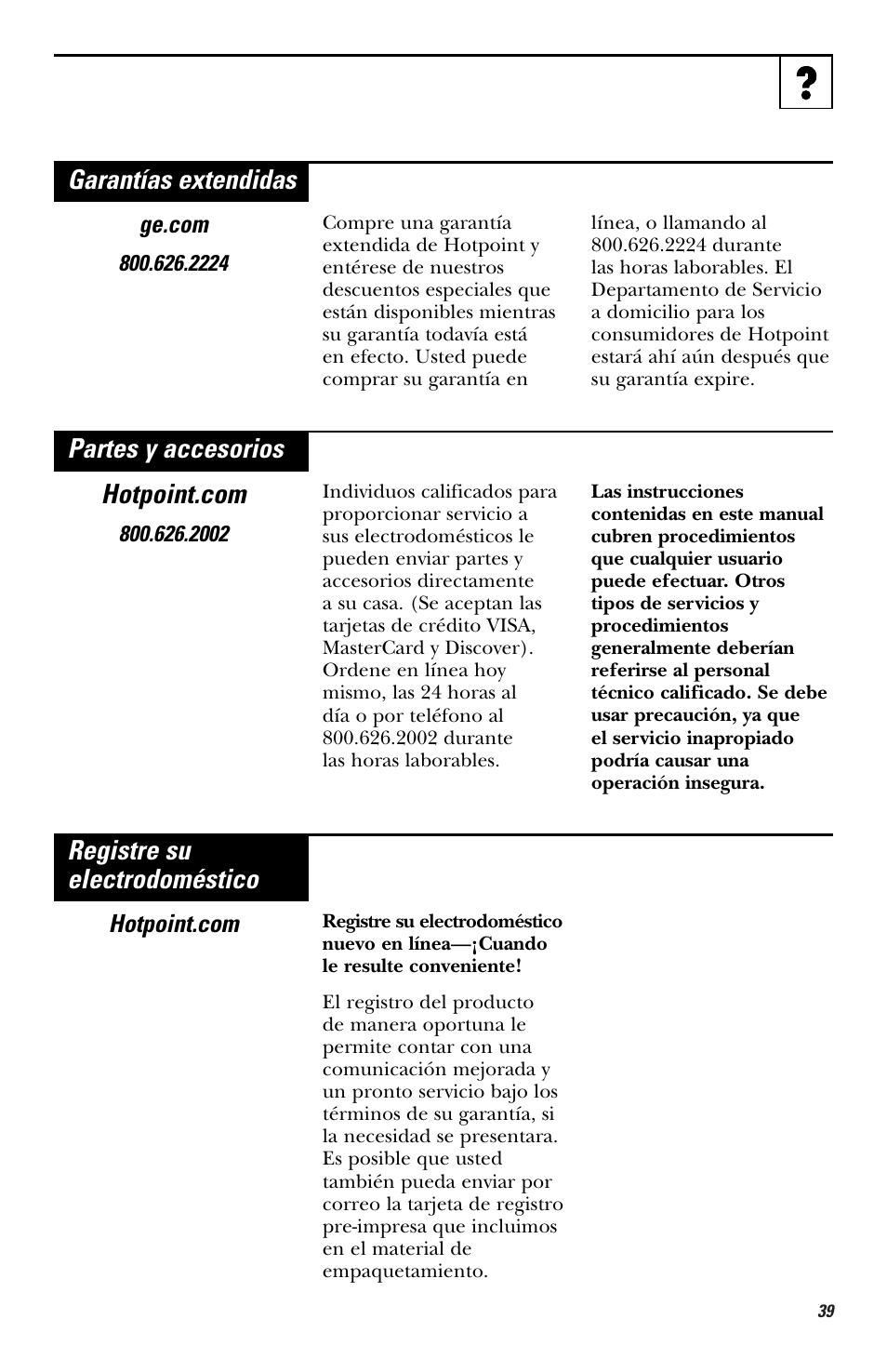 Partes y accesorios, Registre su electrodoméstico | Hotpoint RVM1435 User Manual | Page 79 / 80