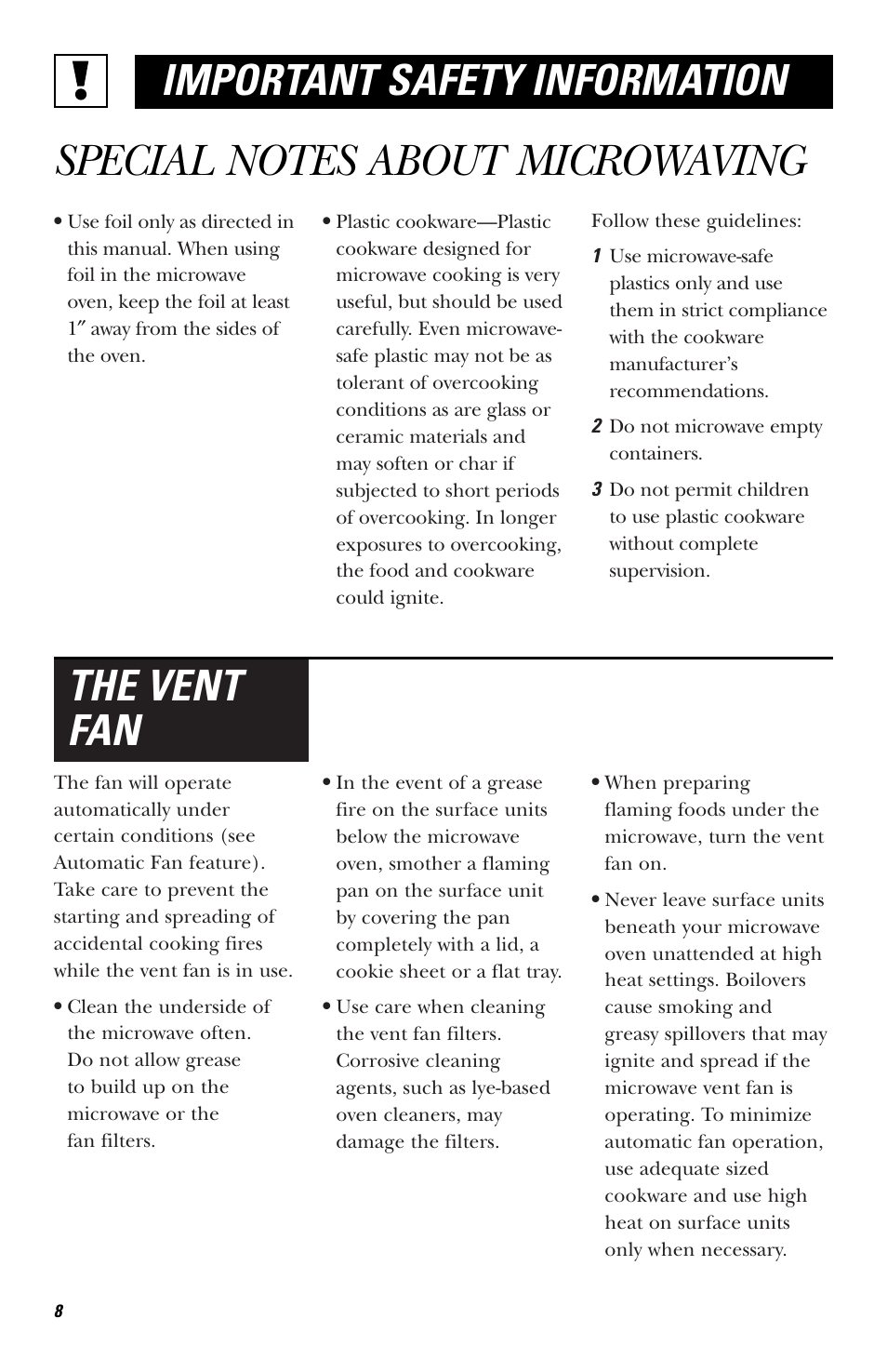 The vent fan important safety information | Hotpoint RVM1435 User Manual | Page 8 / 80
