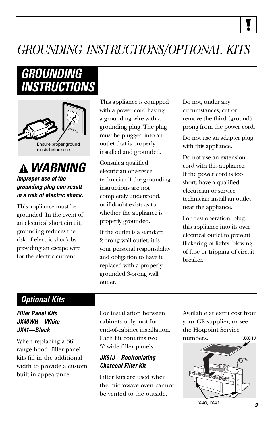Grounding instructions/optional kits, Warning, Grounding instructions | Optional kits | Hotpoint RVM1435 User Manual | Page 9 / 80