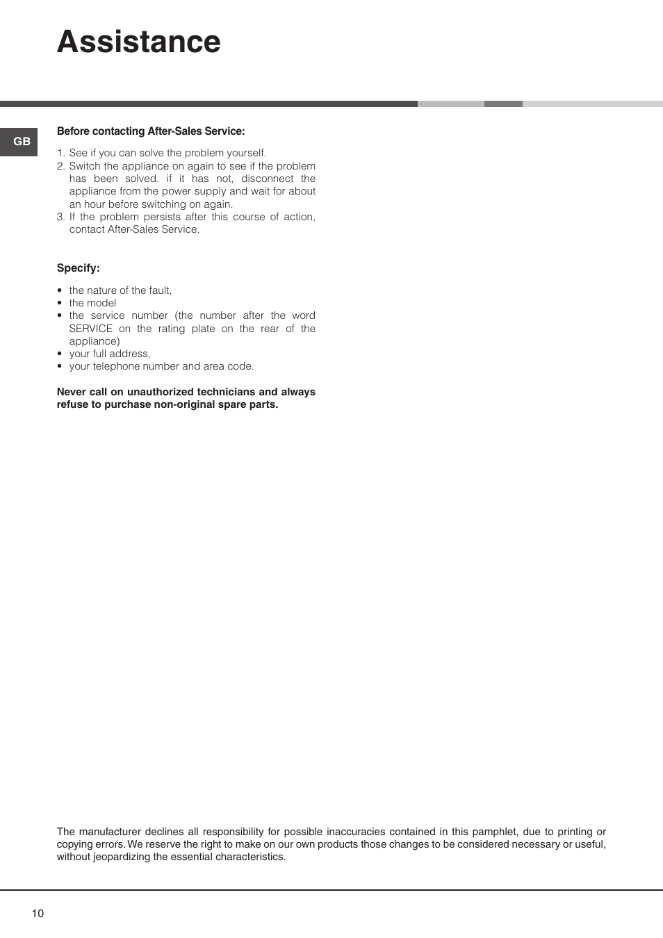Assistance | Hotpoint N321IX User Manual | Page 8 / 9