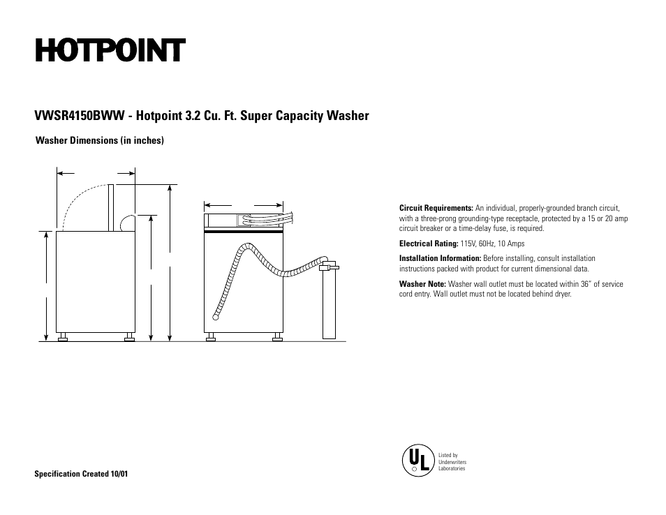 Hotpoint HOTPRINT VWSR4150BWW User Manual | 2 pages