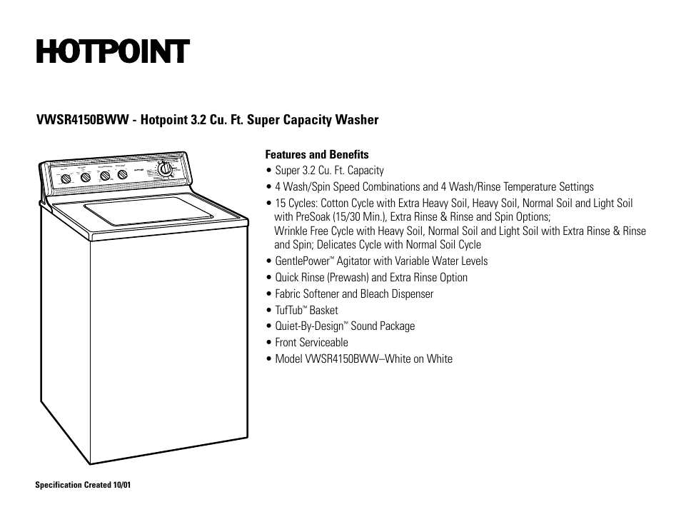 Hotpoint HOTPRINT VWSR4150BWW User Manual | Page 2 / 2