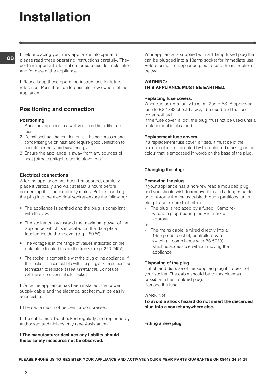 Installation | Hotpoint GB HUZ1221 User Manual | Page 2 / 12