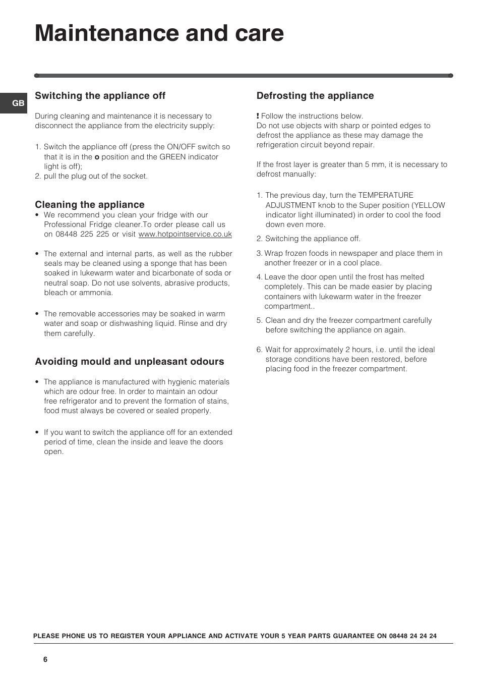 Maintenance and care | Hotpoint GB HUZ1221 User Manual | Page 6 / 12