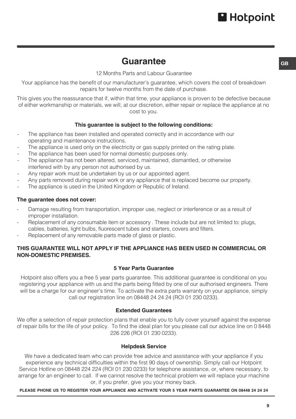 Guarantee | Hotpoint GB HUZ1221 User Manual | Page 9 / 12