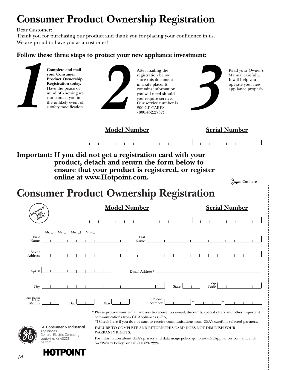 Consumer product ownership registration, Model number serial number | Hotpoint VVSR1030 User Manual | Page 14 / 16