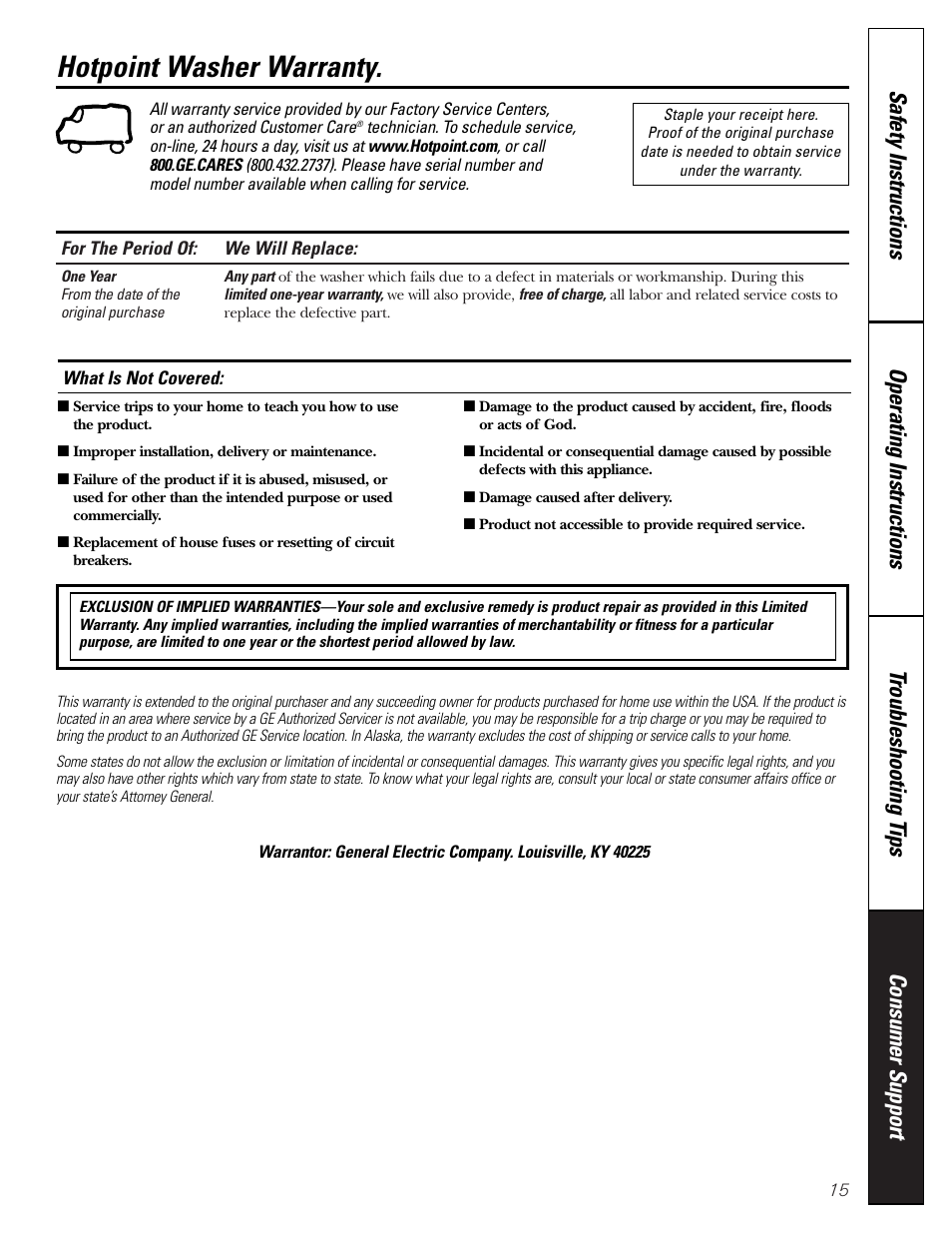 Warranty, Hotpoint washer warranty | Hotpoint VVSR1030 User Manual | Page 15 / 16