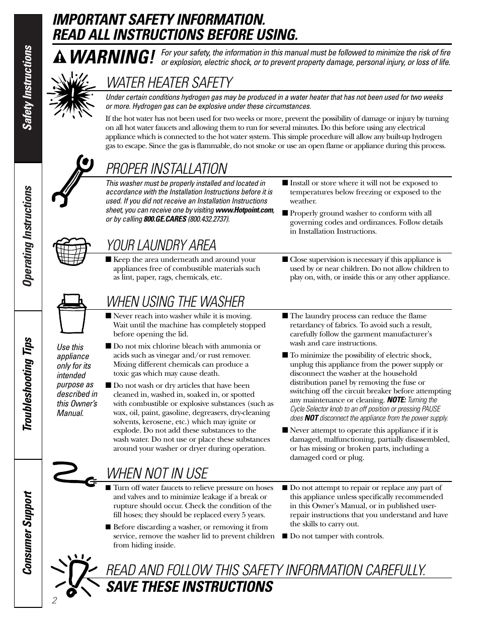 Safety instructions, Warning, Water heater safety | Proper installation, Your laundry area, When using the washer, When not in use | Hotpoint VVSR1030 User Manual | Page 2 / 16