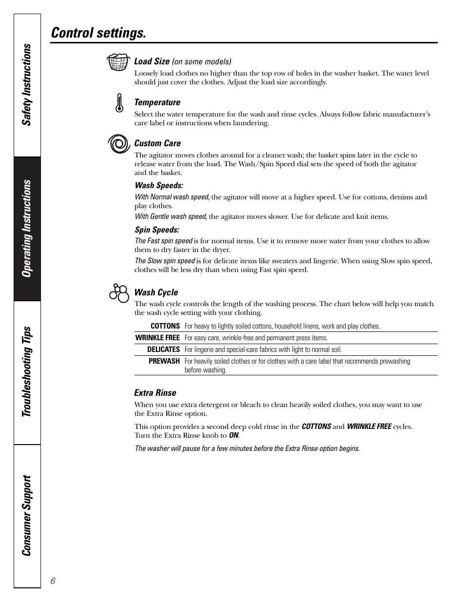 Control settings | Hotpoint VVSR1030 User Manual | Page 6 / 16