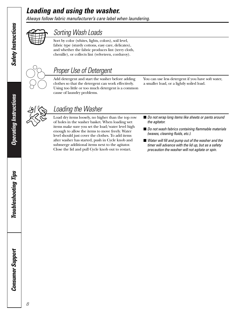 Loading and using the washer, Loading and using the washer , 9, Sorting wash loads | Proper use of detergent, Loading the washer | Hotpoint VVSR1030 User Manual | Page 8 / 16