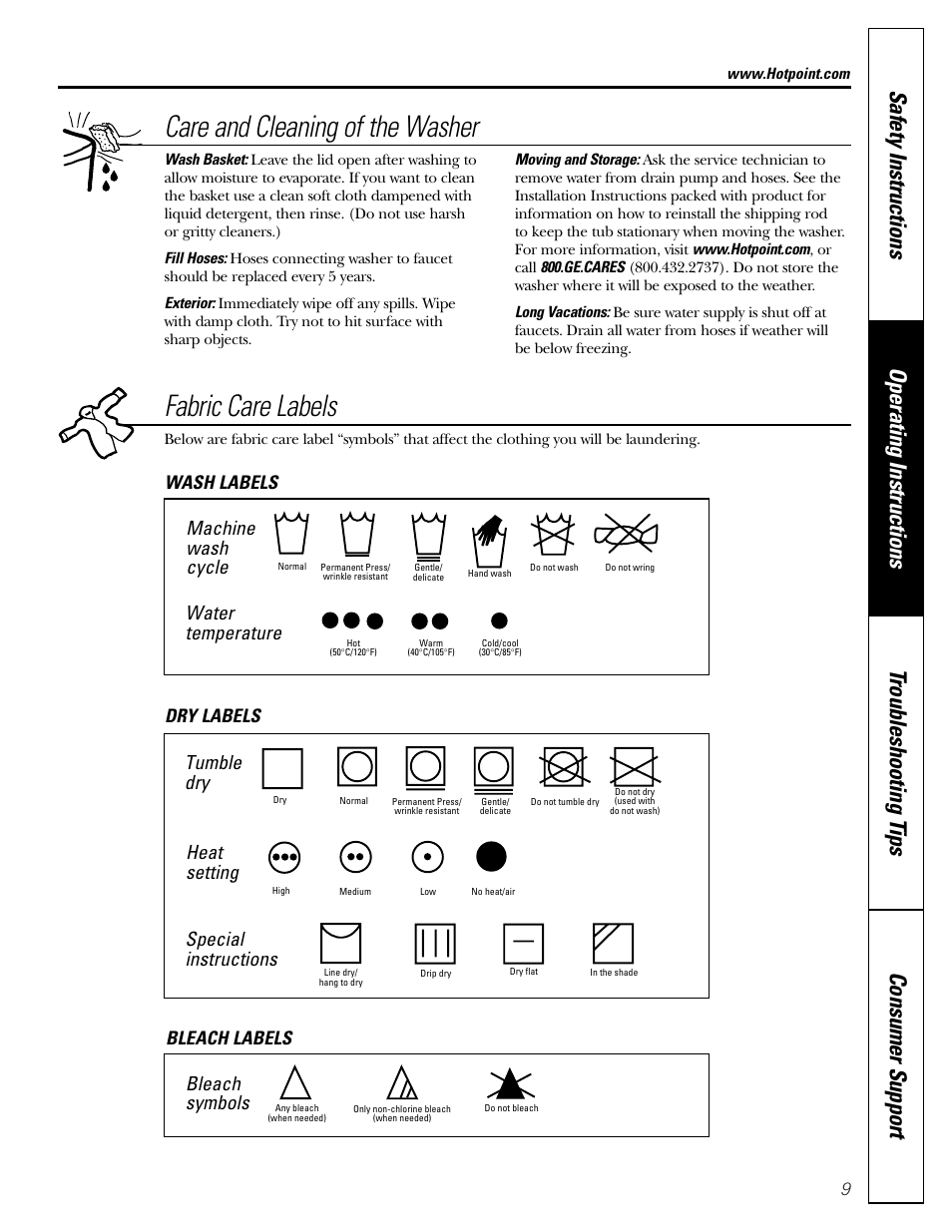 Care and cleaning of the washer, Fabric care labels, Machine wash cycle | Water temperature, Tumble dry, Heat setting, Special instructions, Bleach symbols, Wash labels dry labels bleach labels | Hotpoint VVSR1030 User Manual | Page 9 / 16