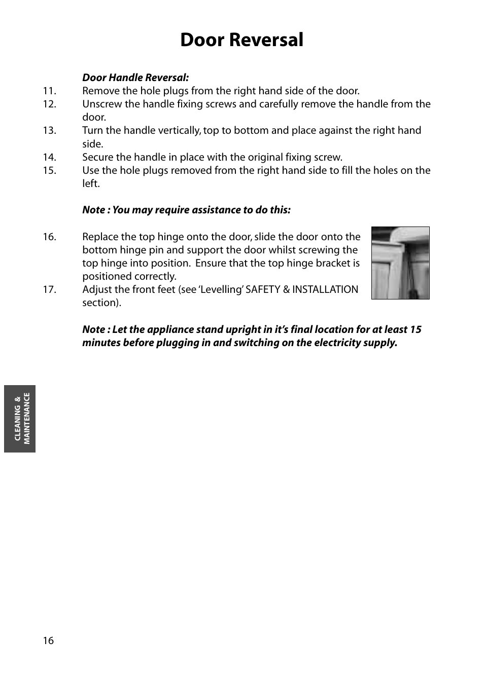 Door reversal | Hotpoint RLM81 User Manual | Page 16 / 20