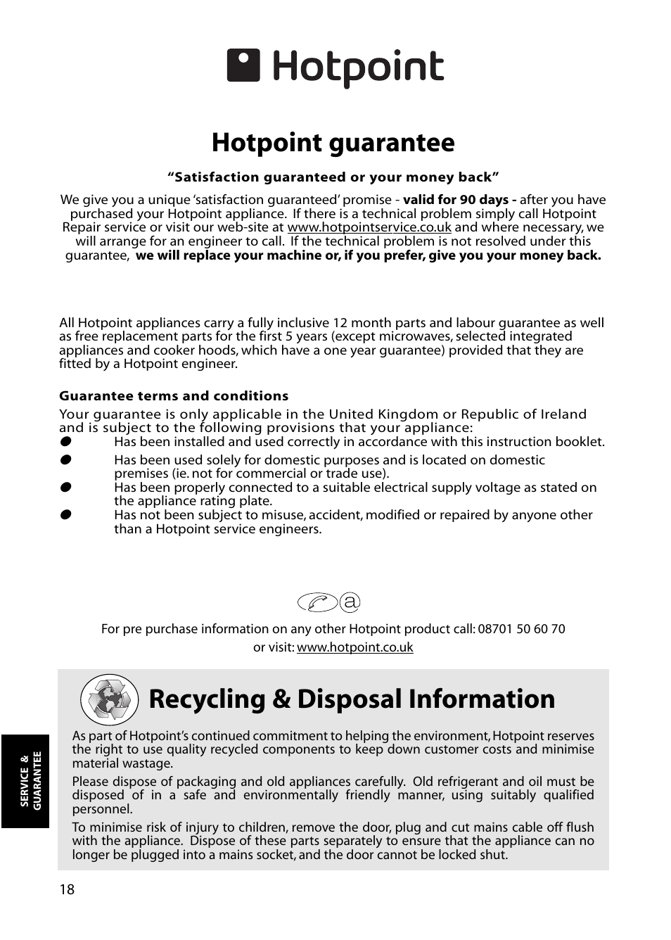 Recycling & disposal information, Hotpoint guarantee | Hotpoint RLM81 User Manual | Page 18 / 20