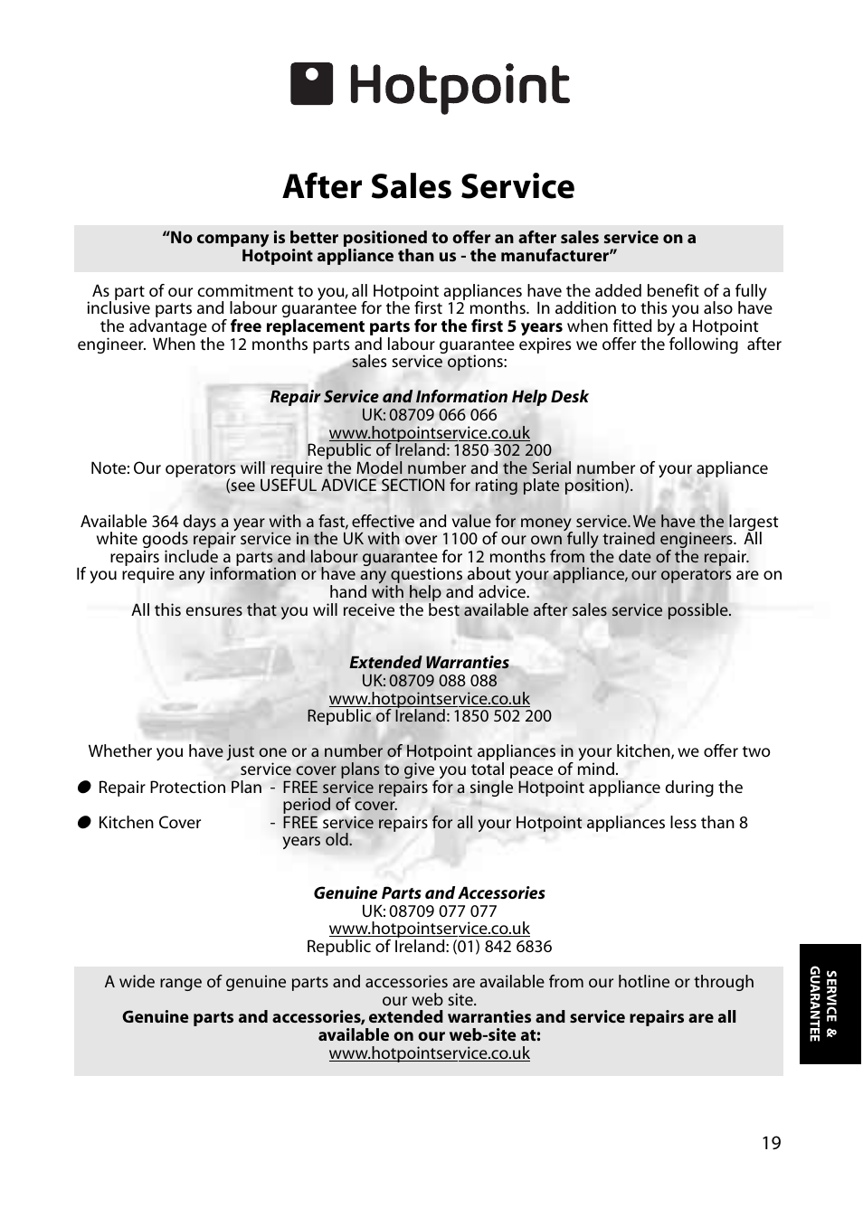 After sales service | Hotpoint RLM81 User Manual | Page 19 / 20