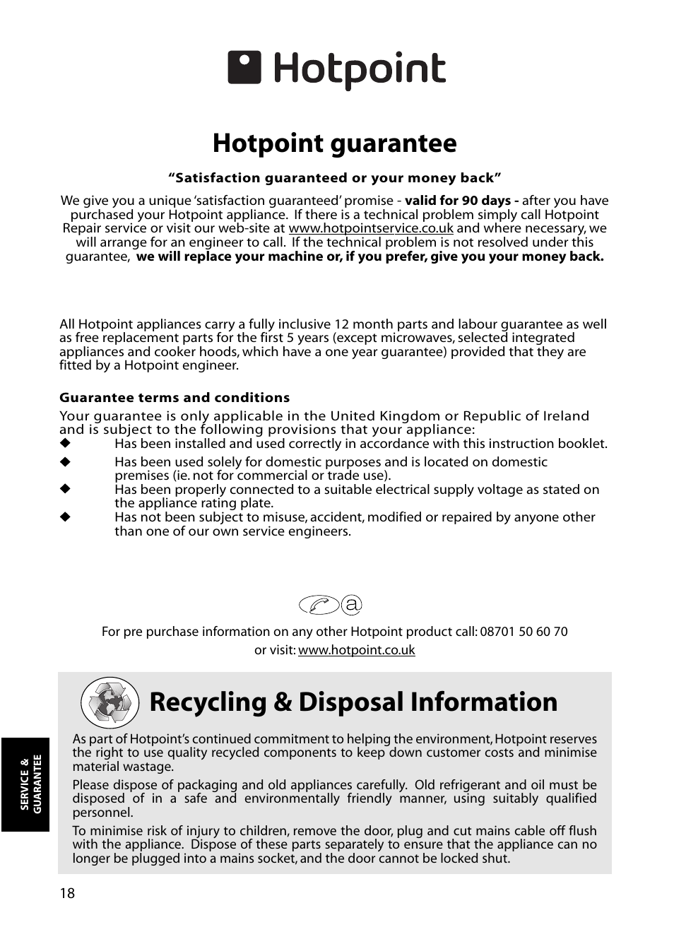 Recycling & disposal information, Hotpoint guarantee | Hotpoint FZA81 User Manual | Page 18 / 20