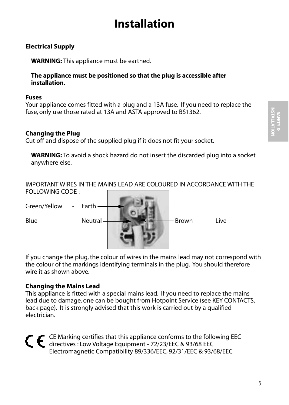 Installation | Hotpoint FZA81 User Manual | Page 5 / 20