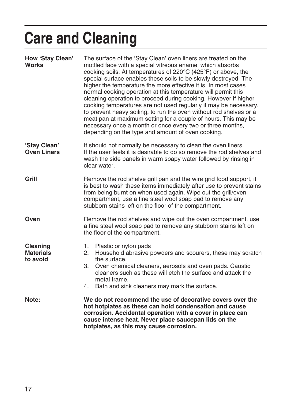 Care and cleaning | Hotpoint EH10 User Manual | Page 18 / 24