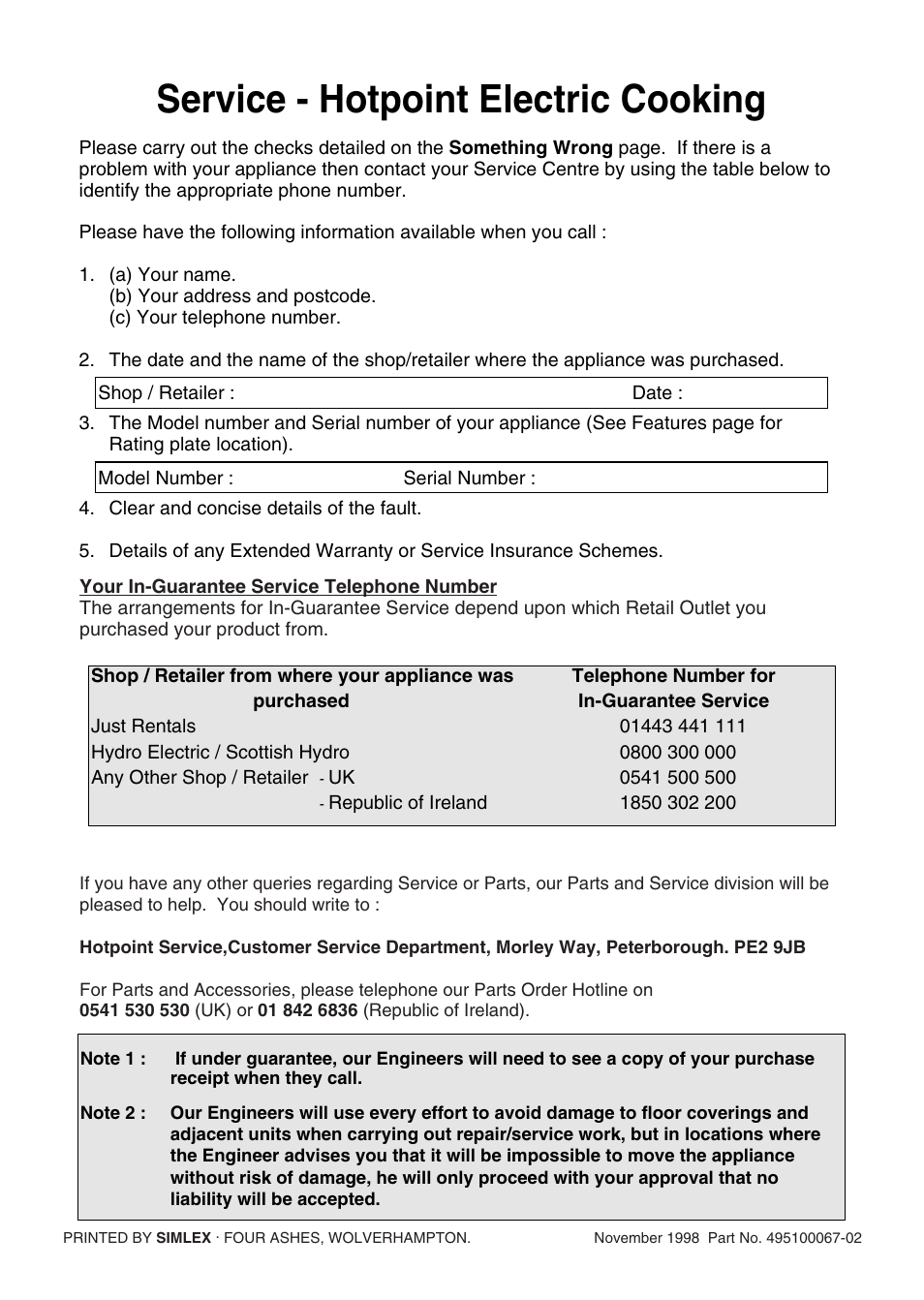 Service - hotpoint electric cooking | Hotpoint EH10 User Manual | Page 24 / 24