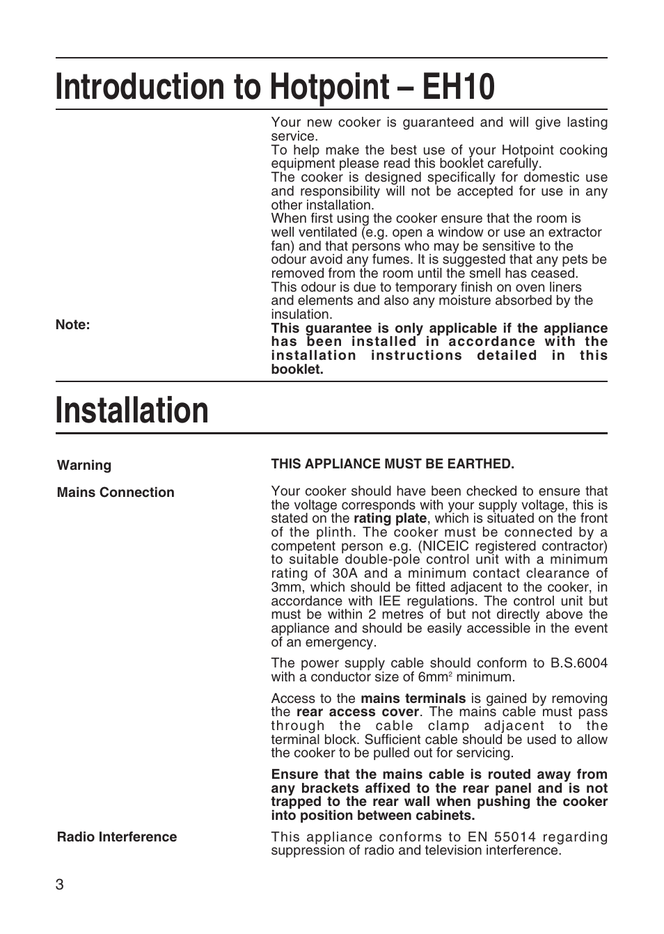 Introduction to hotpoint – eh10, Installation | Hotpoint EH10 User Manual | Page 4 / 24