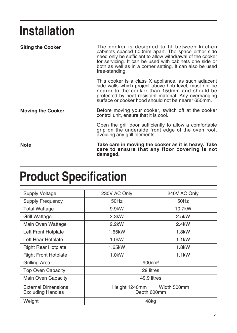 Installation, Product specification | Hotpoint EH10 User Manual | Page 5 / 24