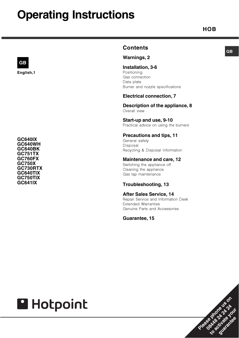 Hotpoint Gas Hob GC640IX User Manual | 16 pages