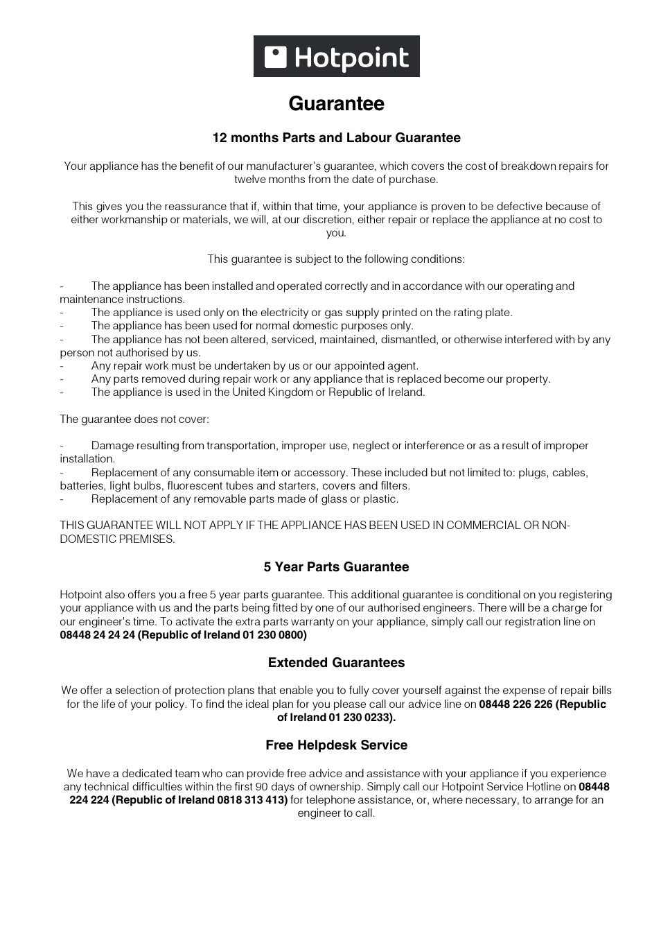 Guarantee | Hotpoint Gas Hob GC640IX User Manual | Page 14 / 16