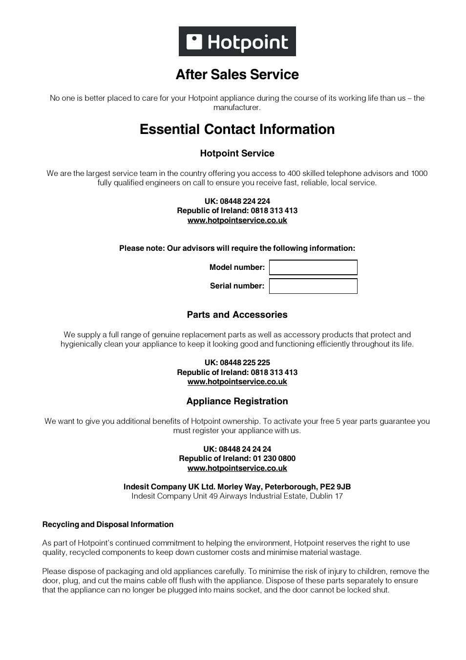 After sales service, Essential contact information | Hotpoint Gas Hob GC640IX User Manual | Page 15 / 16