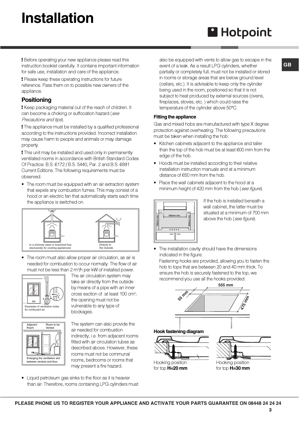 Installation, Positioning | Hotpoint Gas Hob GC640IX User Manual | Page 3 / 16