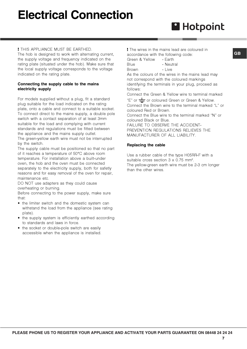 Electrical connection | Hotpoint Gas Hob GC640IX User Manual | Page 7 / 16