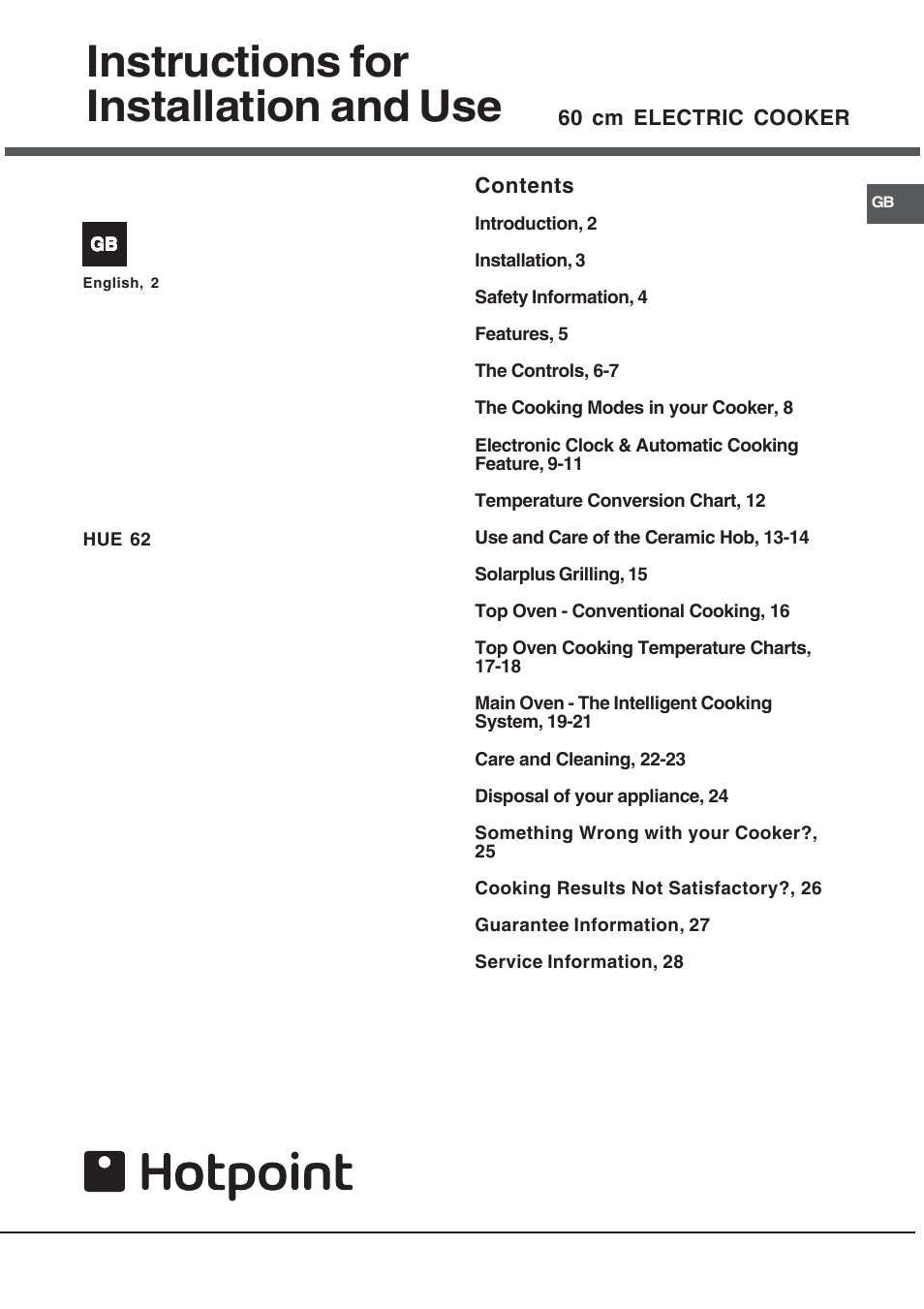 Hotpoint 60 cm Electric Cooker HUE User Manual | 28 pages