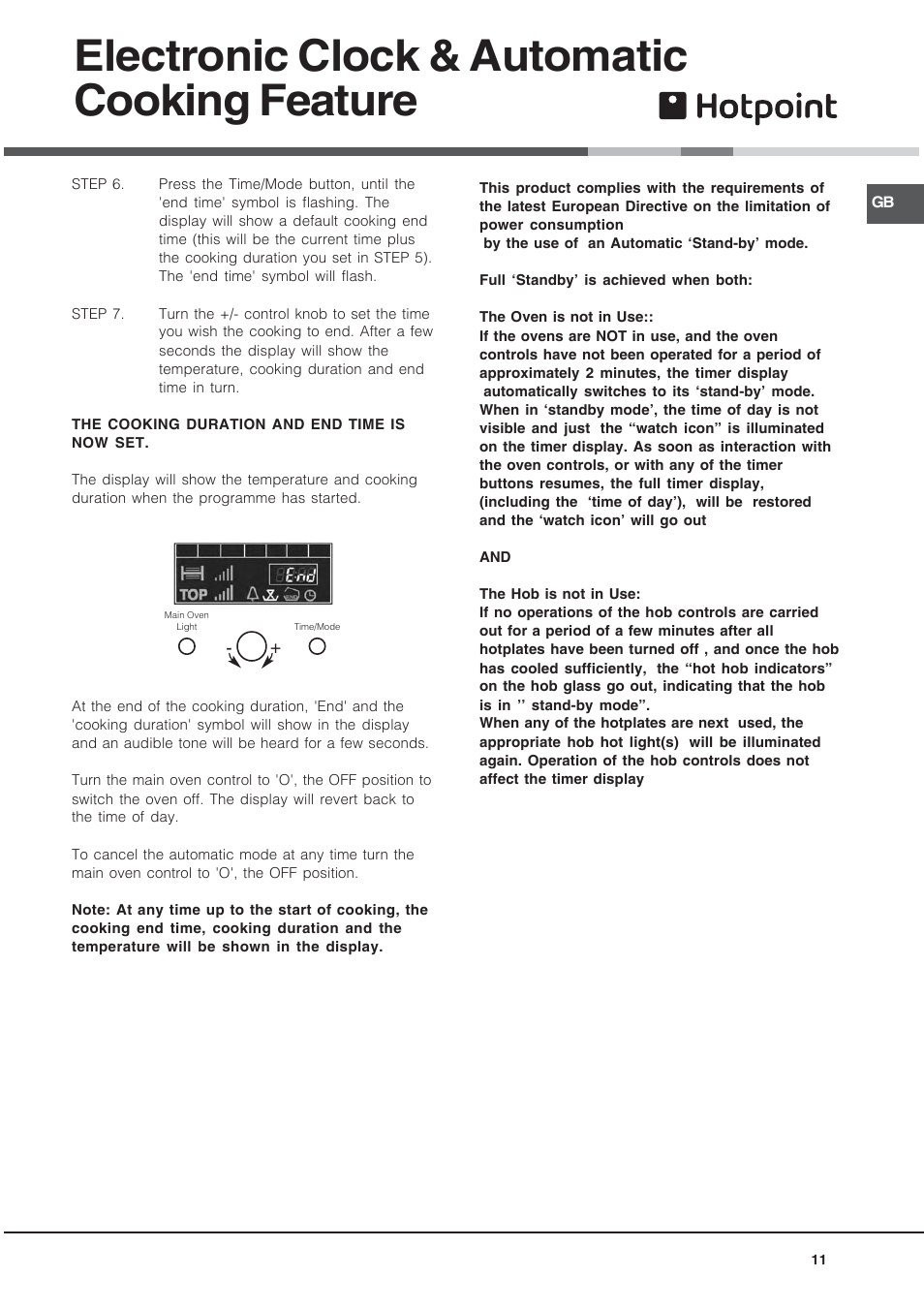 Electronic clock & automatic cooking feature | Hotpoint 60 cm Electric Cooker HUE User Manual | Page 11 / 28