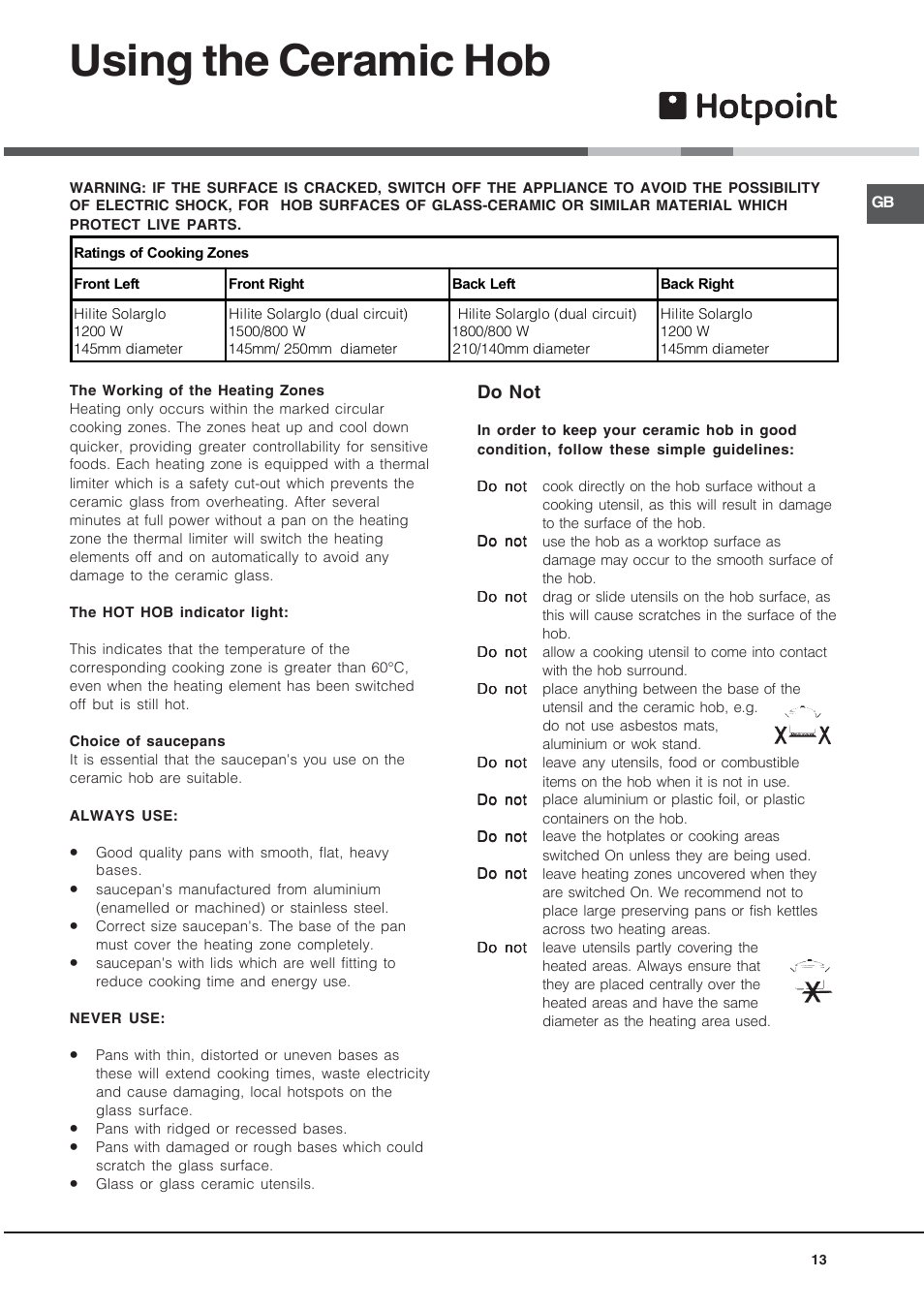 Using the ceramic hob | Hotpoint 60 cm Electric Cooker HUE User Manual | Page 13 / 28
