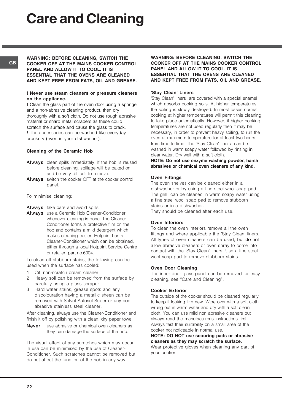 Care and cleaning | Hotpoint 60 cm Electric Cooker HUE User Manual | Page 22 / 28
