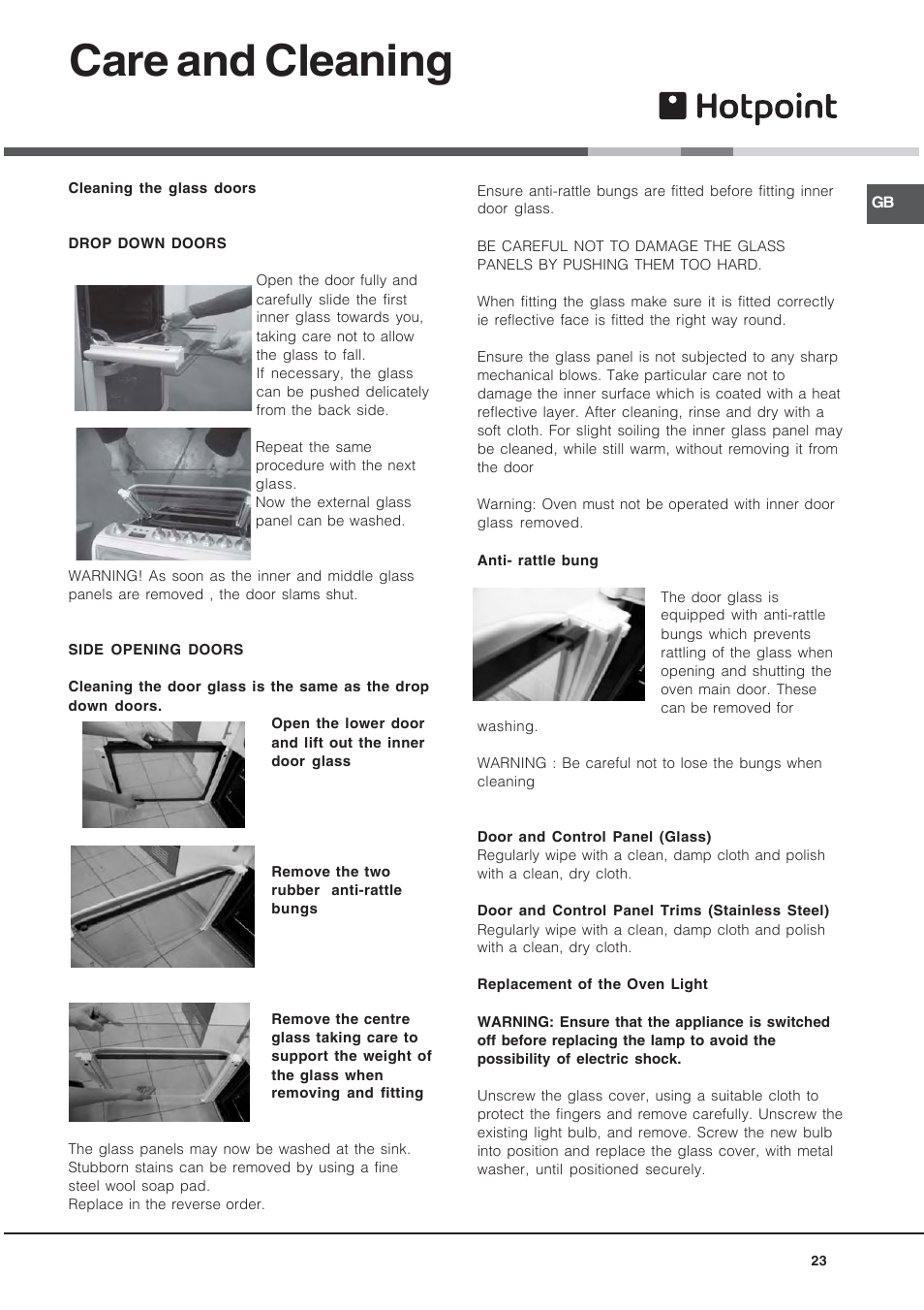 Care and cleaning | Hotpoint 60 cm Electric Cooker HUE User Manual | Page 23 / 28