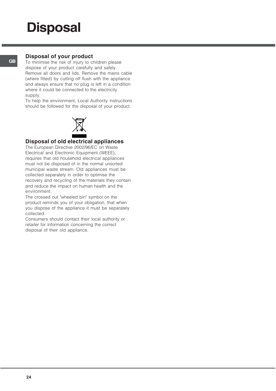 Disposal | Hotpoint 60 cm Electric Cooker HUE User Manual | Page 24 / 28