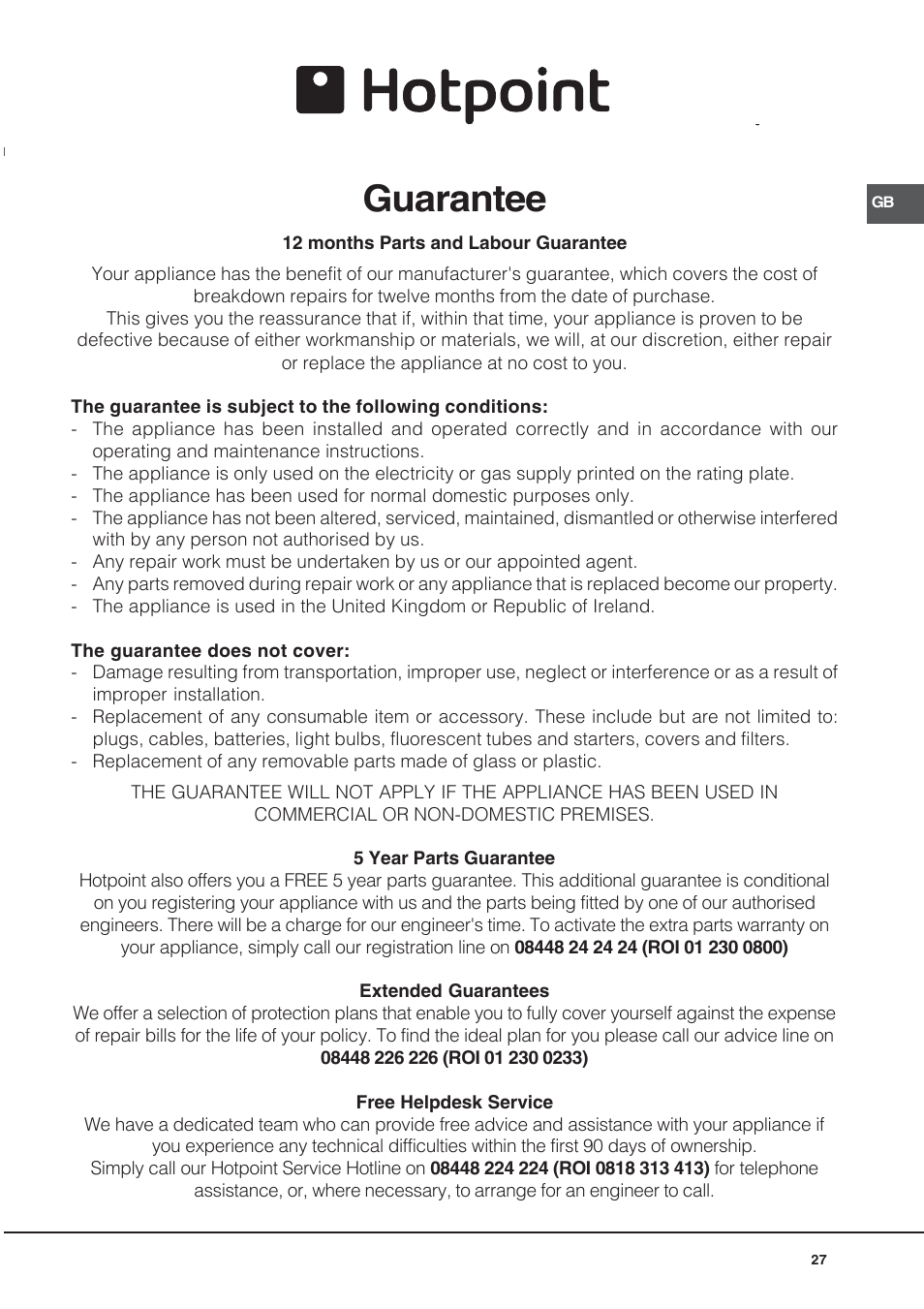 Guarantee | Hotpoint 60 cm Electric Cooker HUE User Manual | Page 27 / 28