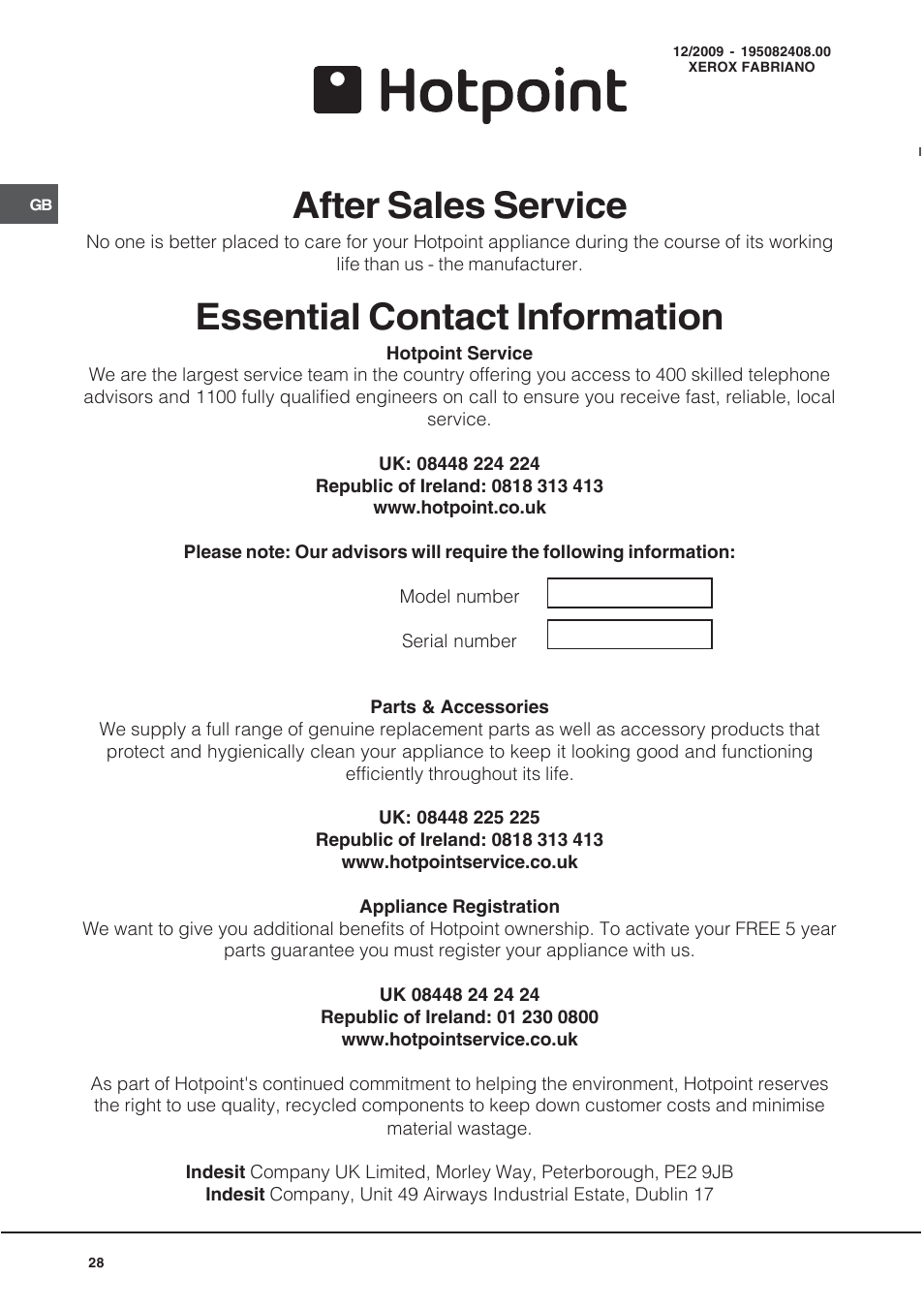 After sales service, Essential contact information | Hotpoint 60 cm Electric Cooker HUE User Manual | Page 28 / 28