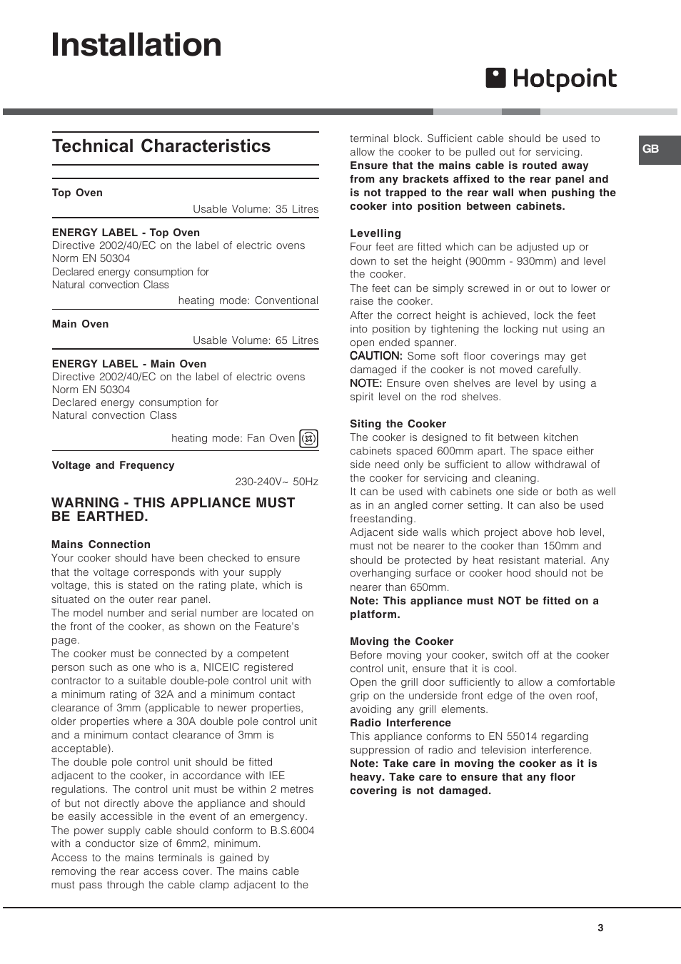 Installation, Technical characteristics | Hotpoint 60 cm Electric Cooker HUE User Manual | Page 3 / 28