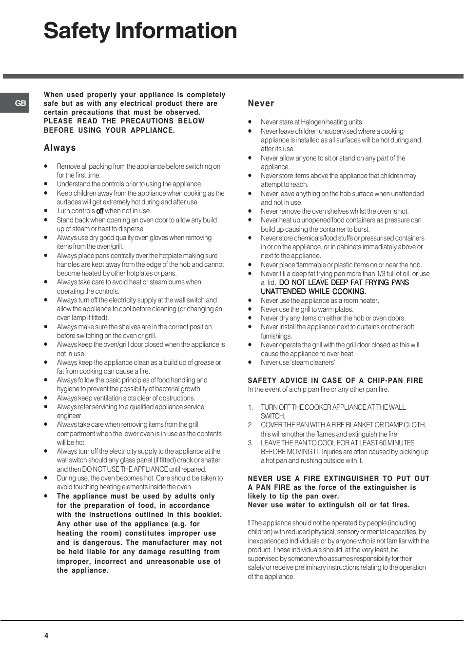 Safety information | Hotpoint 60 cm Electric Cooker HUE User Manual | Page 4 / 28