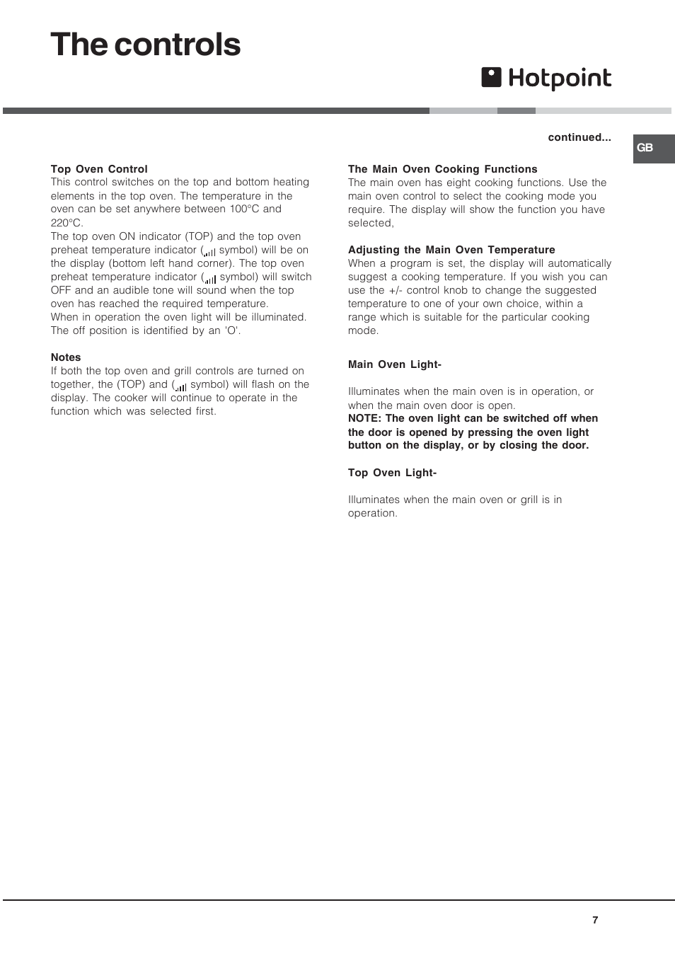 The controls | Hotpoint 60 cm Electric Cooker HUE User Manual | Page 7 / 28