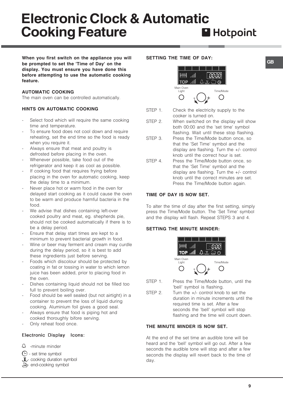 Electronic clock & automatic cooking feature | Hotpoint 60 cm Electric Cooker HUE User Manual | Page 9 / 28