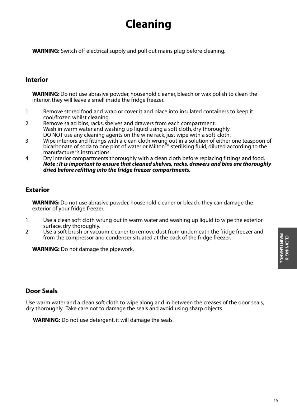 Cleaning | Hotpoint FFM97 User Manual | Page 15 / 24