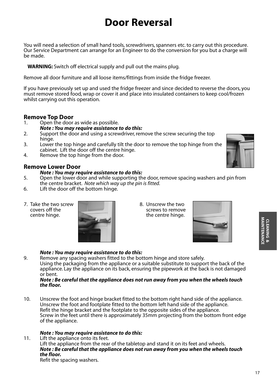 Door reversal | Hotpoint FFM97 User Manual | Page 17 / 24