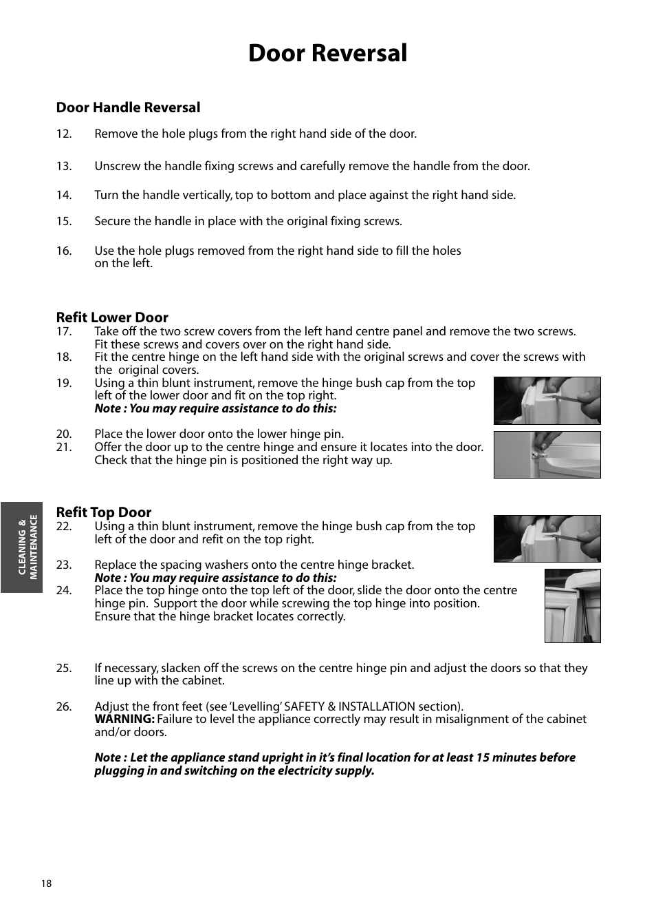 Door reversal | Hotpoint FFM97 User Manual | Page 18 / 24