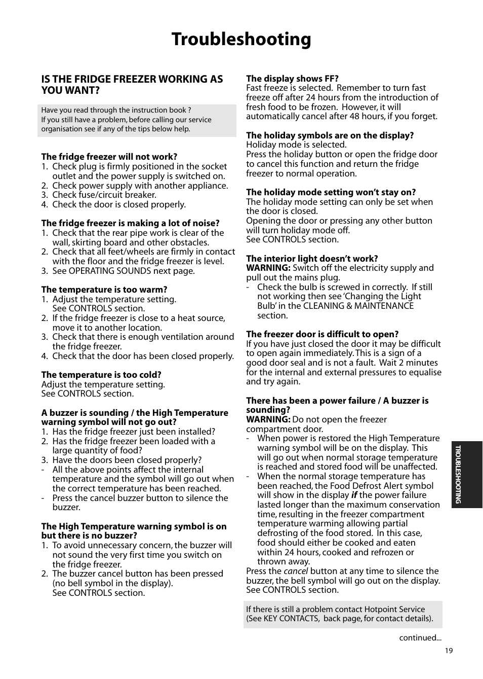 Troubleshooting | Hotpoint FFM97 User Manual | Page 19 / 24