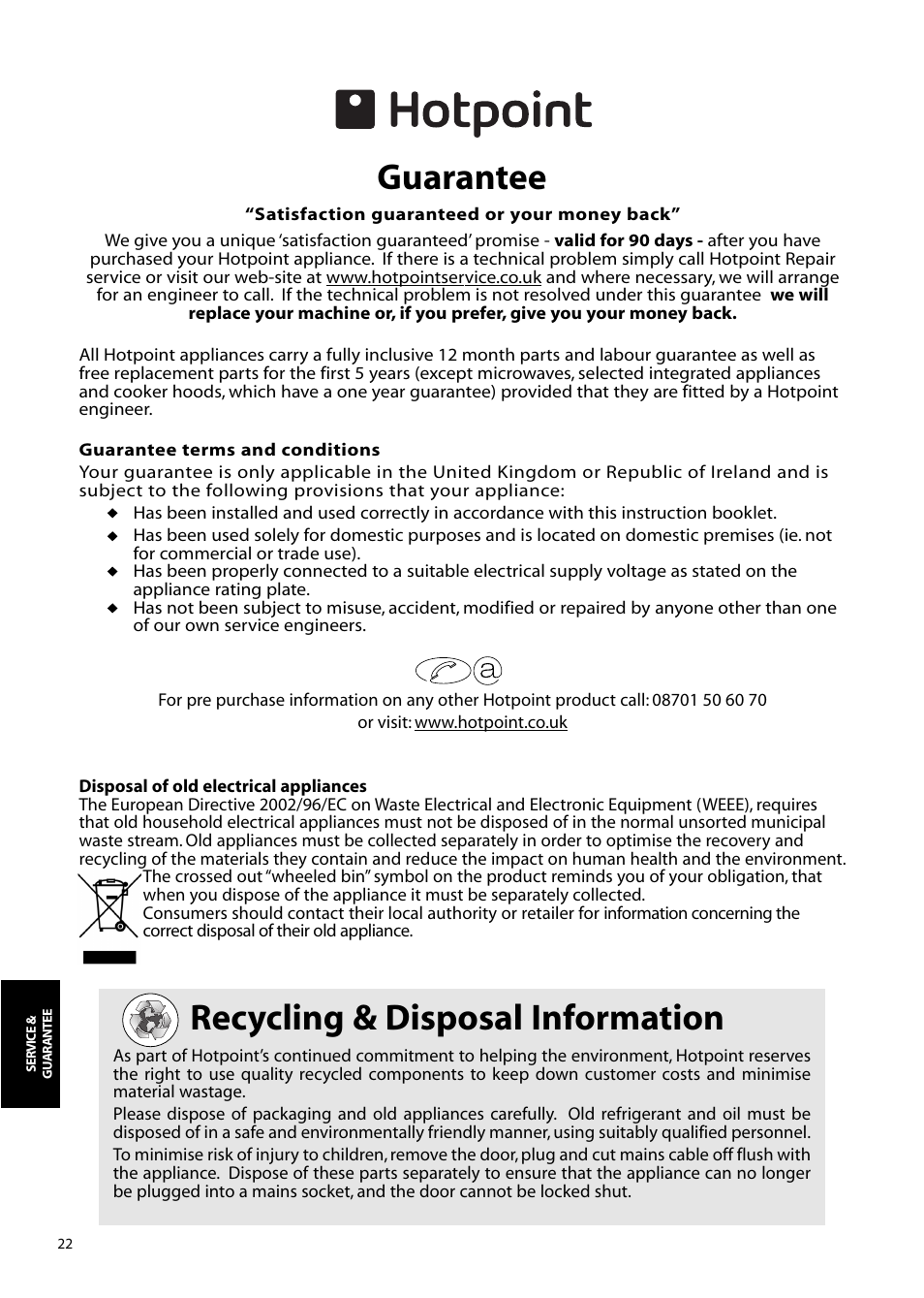 Recycling & disposal information, Guarantee | Hotpoint FFM97 User Manual | Page 22 / 24