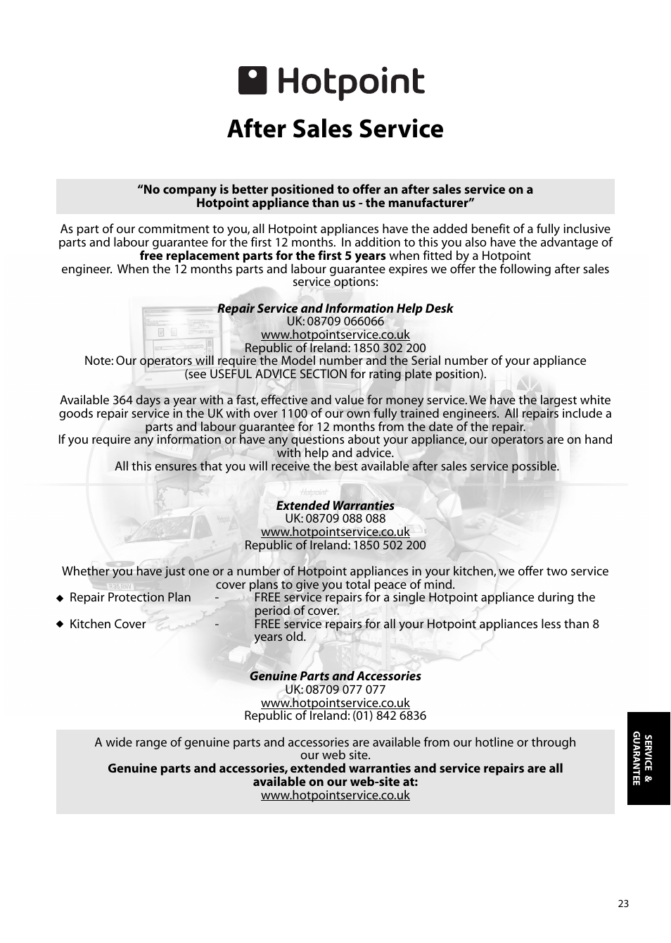 After sales service | Hotpoint FFM97 User Manual | Page 23 / 24