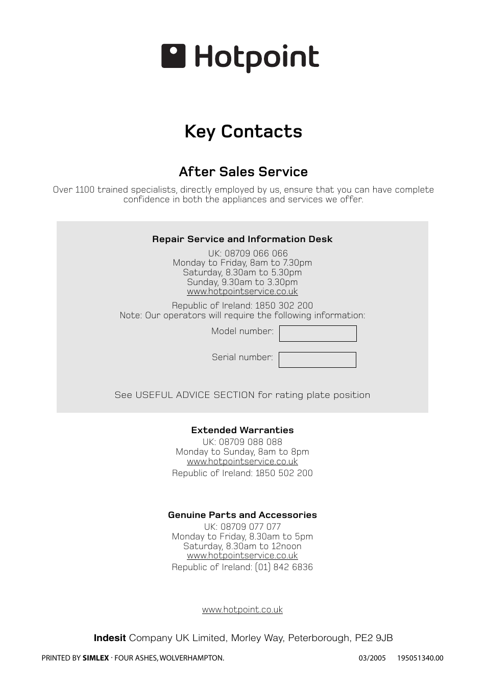 Key contacts, After sales service | Hotpoint FFM97 User Manual | Page 24 / 24