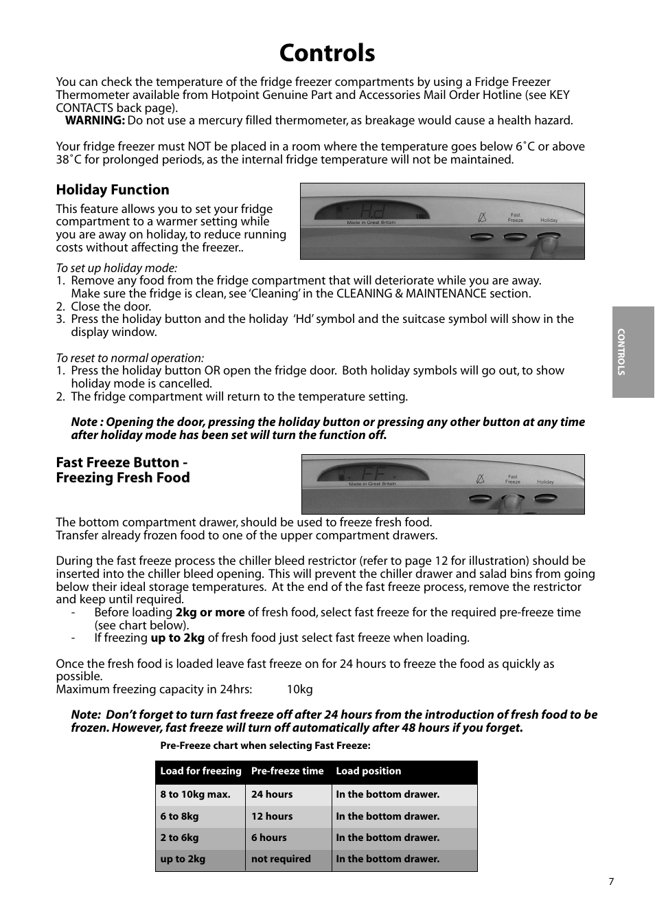 Controls | Hotpoint FFM97 User Manual | Page 7 / 24